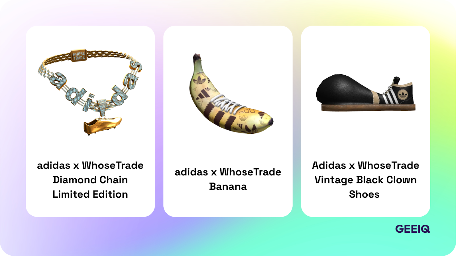 popular roblox items - adidas x whosetrade diamond chain limited edition, banana, vintage black clown shoes