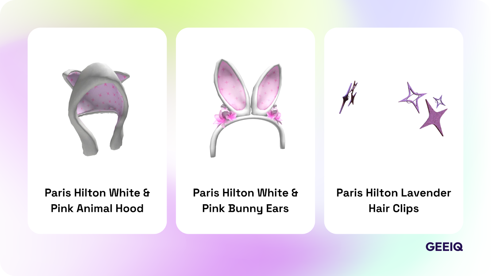 popular roblox items - paris hilton white and pink animal hood, paris hilton white and pink bunny ears, paris hilton lavender hair clips